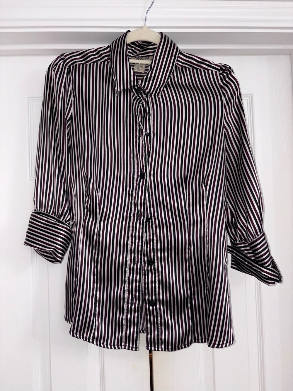 MKM Designs Black & White Striped Satin Button-Down Blouse